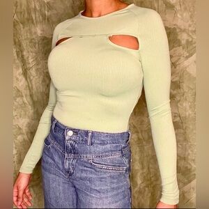 Sage Green TopShop Peek-a-Boo Long Sleeve Ribbed Bodysuit